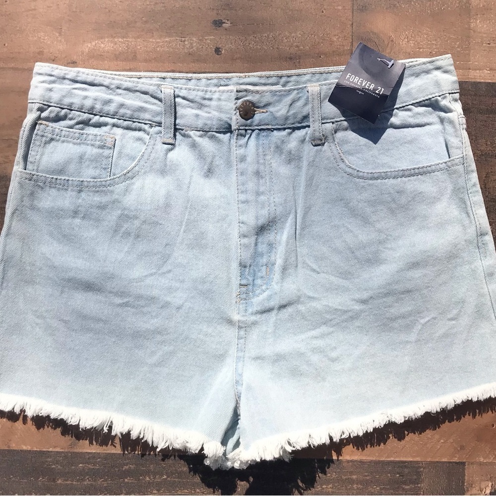Forever 21 Light Blue Denim Sz 30 high waist fringe hem shorts NEW WITH TAGS - Picture 6 of 15